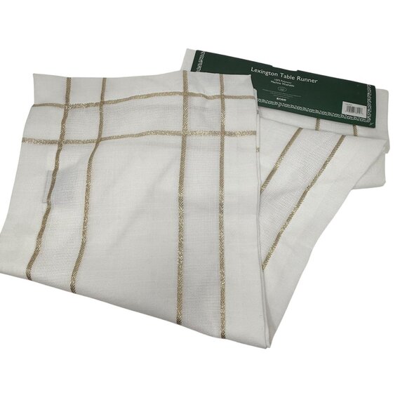 Laura Ashley Lexington Table Runner 14"x90" White Metallic Gold Stripes Elegant - Picture 3 of 7